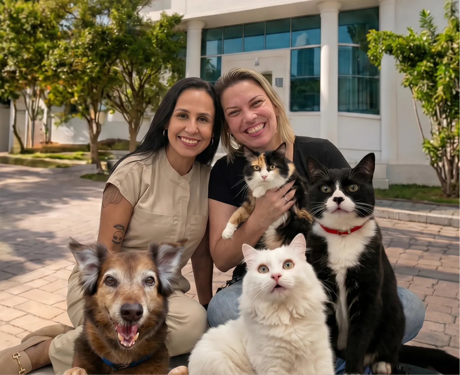 Veterinária examinando um cachorro com carinho